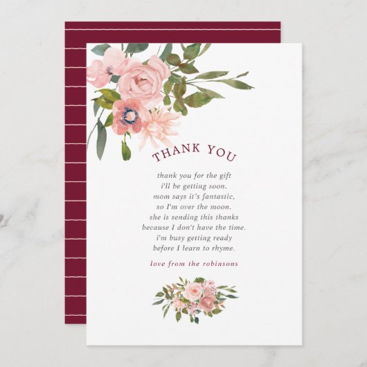 フローラ赤面とブルゴーニュ赤ちゃんシャワーありがとう サンキューカード (正面/裏面)