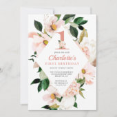フローラ赤面エレガントピンクファースト誕生日 招待状 (正面)