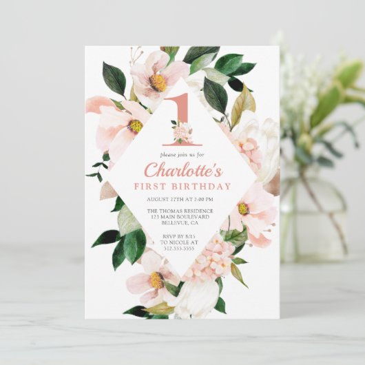 フローラ赤面エレガントピンクファースト誕生日 招待状 (スタンド正面)