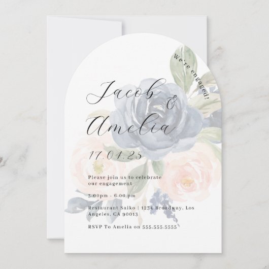 フローラ赤面ネイビーモダンアーチ婚約パーティ 招待状 (正面)