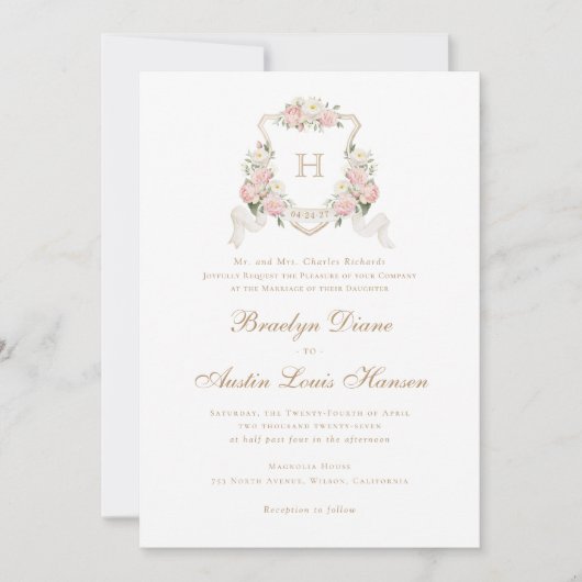 フローラ赤面バラグリーナリークレストモノグラム結婚ズ 招待状 (正面)