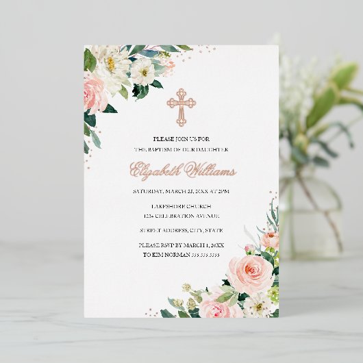 フローラ赤面バラ金ゴールド水色バプテスマ 箔招待状 (立ち正面)