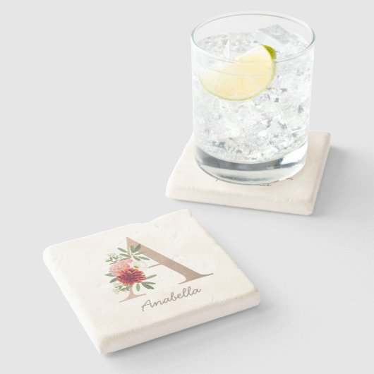 フローラ赤面パーソナライズされたの花束文字「 A 」 ストーンコースター (横)