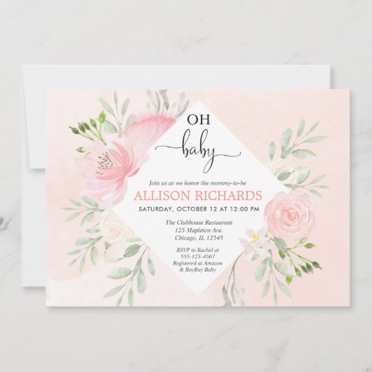 フローラ赤面ピンクと緑の女の子の赤ちゃんシャワー 招待状 (正面)