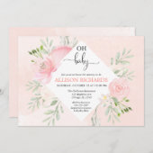 フローラ赤面ピンクと緑の女の子の赤ちゃんシャワー 招待状 (正面/裏面)