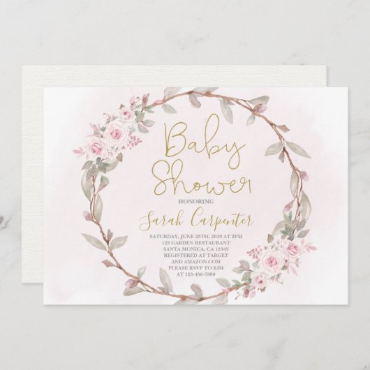 フローラ赤面ピンクのベビーシャワーガール 招待状 (正面/裏面)