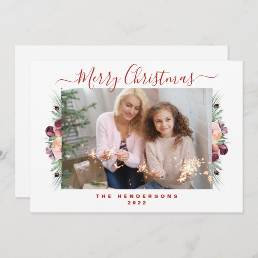 フローラ赤面ピンクのメリークリスマスフォト シーズンカード (正面/裏面)