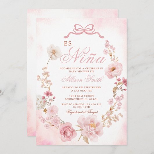 フローラ赤面ピンクエスニーナベビースペインのシャワー 招待状 (正面/裏面)