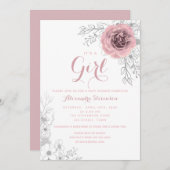 フローラ赤面ピンクガールベビーシャワー 招待状 (正面/裏面)