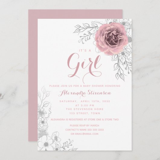 フローラ赤面ピンクガールベビーシャワー 招待状 (正面/裏面)