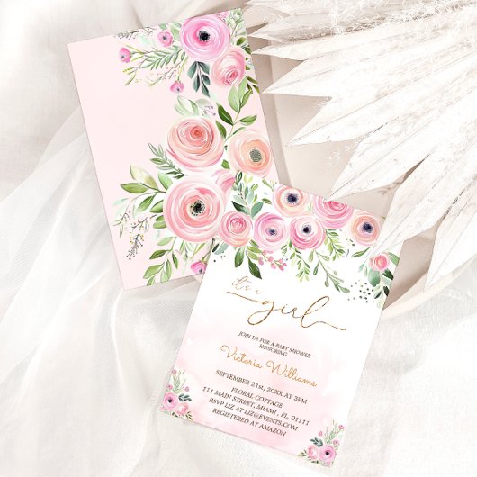 フローラ赤面ピンクガールベビーシャワー 招待状