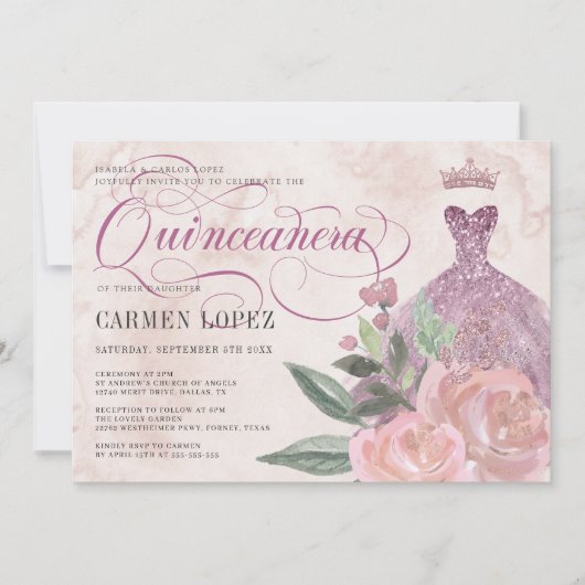 フローラ赤面ピンクグリッタープリンセスキンセアニェラ 招待状 (正面)