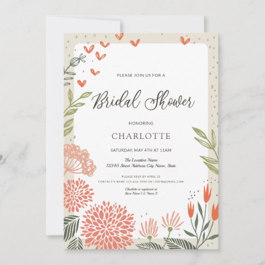 フローラ赤面ピンクグリーナリーブライダルシャワー 招待状 (正面)