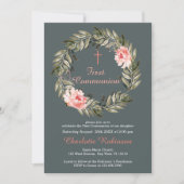 フローラ赤面ピンクグレーコミューニオン招待状 サンキューカード (正面)