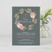 フローラ赤面ピンクグレーコミューニオン招待状 サンキューカード (スタンド正面)