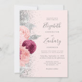 フローラ赤面ピンクシルバーグリッターブルゴーニュ結婚ーズ 招待状 (正面)