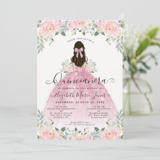 フローラ赤面ピンクドレス15th誕生日キンセアニェラ 招待状 (スタンド正面)