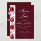 フローラ赤面ピンクバーガンディースクリプトブライダルシャワー 招待状 (正面/裏面)
