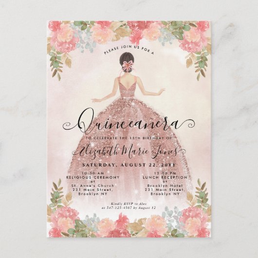 フローラ赤面ピンクプリンセス誕生日キンセアニェラ インビテーションポストカード (正面)
