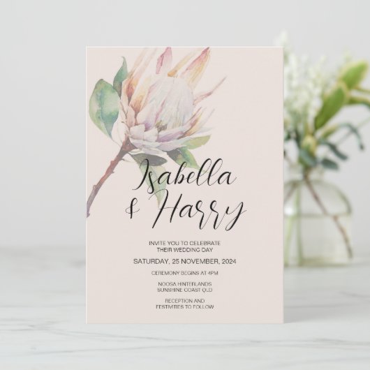 フローラ赤面ピンクプロテア先住民結婚花 招待状 (スタンド正面)