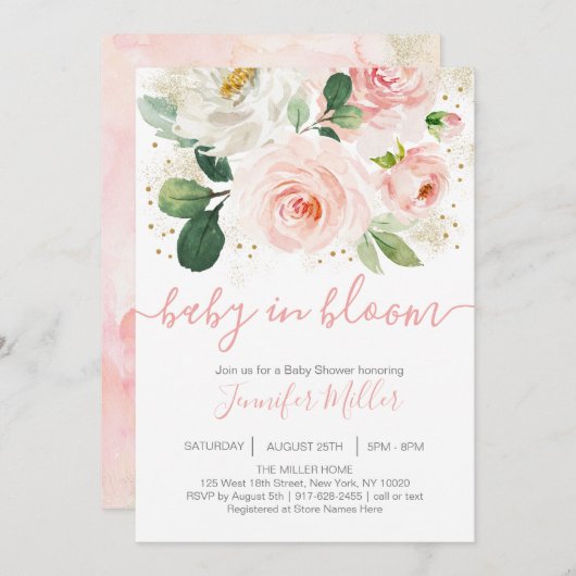 フローラ赤面ピンクベビーイン開花ベビーシャワー 招待状 (正面/裏面)