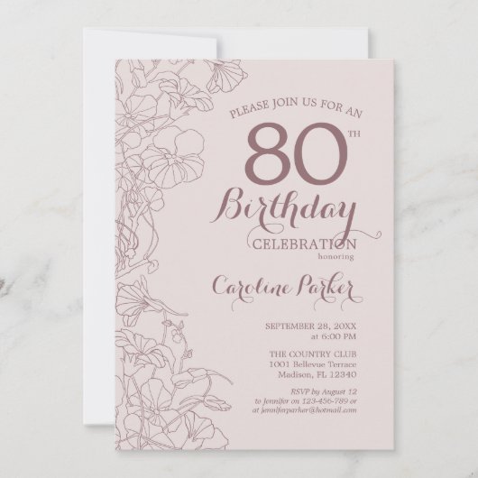 フローラ赤面ピンクマウヴ写真80thバースデーパーティー 招待状 (正面)