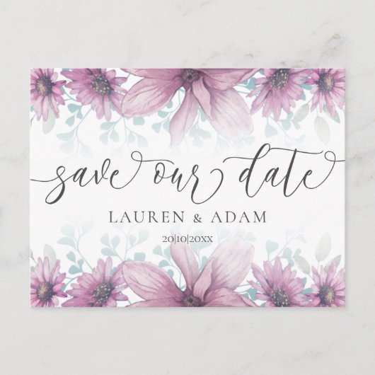 フローラ赤面ピンクマグノリア日付の結婚保存 案内ポストカード (正面)