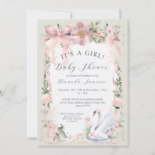 フローラ赤面ピンクリボンエレガントスワンベビーシャワー 招待状 (正面)