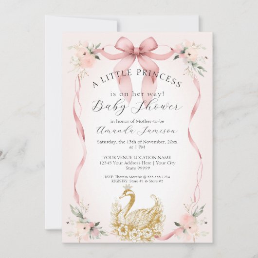 フローラ赤面ピンクリボンスワン金ゴールドベビーシャワー 招待状 (正面)