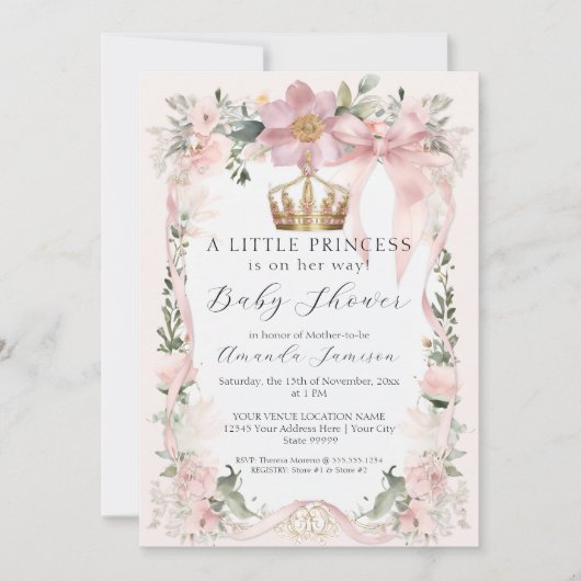 フローラ赤面ピンクリボン金ゴールドクラウンベビーシャワー 招待状 (正面)