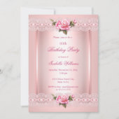 フローラ赤面ピンクレースバラバースデーパーティー 招待状 (正面)