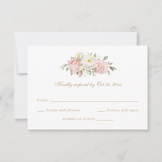 フローラ赤面ピンクローズグリーンリーウェディングRSVPカード 招待状 (正面)