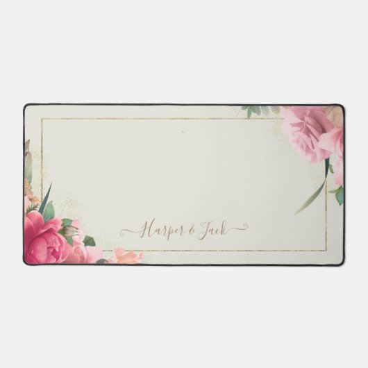 フローラ赤面ピンクローズ金ゴールドフレームデスクマット デスクマット (正面)