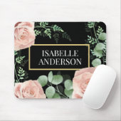 フローラ赤面ピンクローゼグリーン葉ブラックカスタム マウスパッド (マウス)