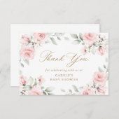 フローラ赤面ピンク緑の金ゴールドベビーシャワー サンキューカード (正面/裏面)