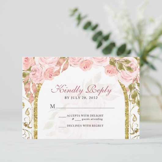 フローラ赤面ピンク金ゴールドアーチキンセアニラ 出欠カード (スタンド正面)