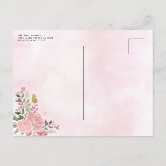 フローラ赤面ピンク金ゴールドガウン誕生日キンセアニェラ インビテーションポストカード (裏面)