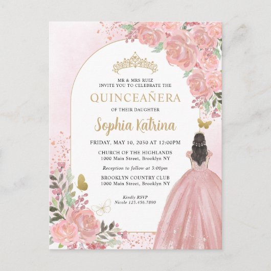 フローラ赤面ピンク金ゴールドガウン誕生日キンセアニェラ インビテーションポストカード (正面)
