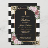 フローラ赤面ピンク金ゴールドクロスブラックバプテエレガントィズム 招待状 (正面/裏面)
