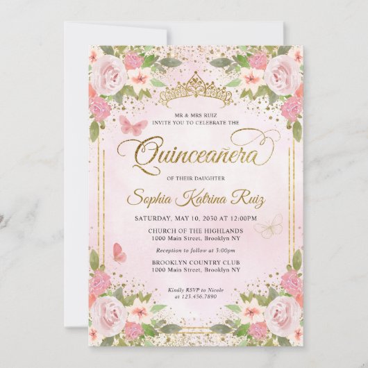 フローラ赤面ピンク金ゴールドグリッタークラウンキンセアニラ 招待状 (正面)