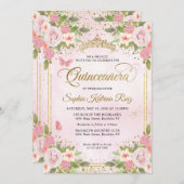 フローラ赤面ピンク金ゴールドグリッタークラウンキンセアニラ 招待状 (正面/裏面)