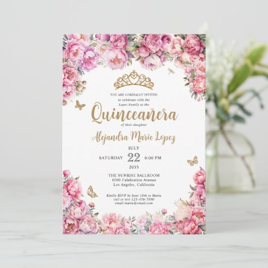 フローラ赤面ピンク金ゴールドグリッターティアラキンセアニラ 招待状 (スタンド正面)