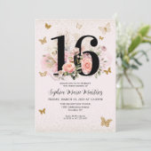 フローラ赤面ピンク金ゴールドグリッターバタフライスウィート16 招待状 (スタンド正面)