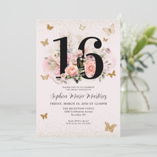 フローラ赤面ピンク金ゴールドグリッターバタフライスウィート16 招待状 (スタンド正面)