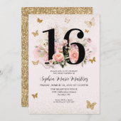 フローラ赤面ピンク金ゴールドグリッターバタフライスウィート16 招待状 (正面/裏面)