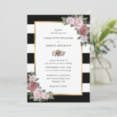 フローラ赤面ピンク金ゴールドストライプ白黒結婚ズ 招待状 (スタンド正面)