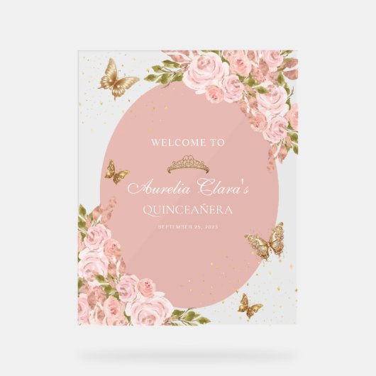 フローラ赤面ピンク金ゴールドティアラバタフライキンセアニラ アクリルサイン (正面)