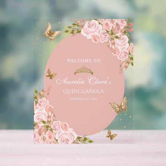 フローラ赤面ピンク金ゴールドティアラバタフライキンセアニラ アクリルサイン (ニュートラル)