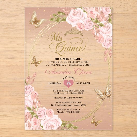 フローラ赤面ピンク金ゴールドティアラバタフライキンセアニラ アクリル招待状 (正面)