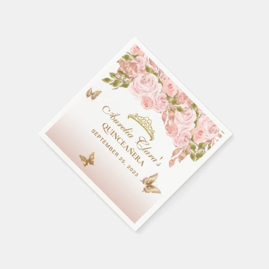 フローラ赤面ピンク金ゴールドティアラバタフライキンセアニラ スタンダードカクテルナプキン (角)